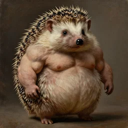 subject:  muscular barbarian oversized hedgehog anthropomorphic medium shot portrait, style:  very detailed heavy textured rembrandt oil painting with dramatic light , very sharp detail