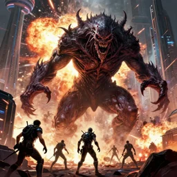 a ominous horrific gargantuan gantz berserk creature attacking futuristic downtown toronto, in the style of horizon zero dawn, in war scene, epic scene, big explosions, chaos theory by greg rutkowski, frank frazetta, sharp focus, kentaro miura digital painting, concept art