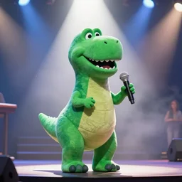 Barney the Dinosaur from Barney and friends tv show leads a modern worship service, backlit, dramatic stage lighting, fog