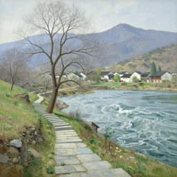 a gorgeous very early spring landscape painting by barlowe wayne maxfield parrish and marco mazzoni. tree no leaf!!!! china mountain village!! grey blue and very little light verdancy. the winding stone steps. ultra clear detailed. 3 d, octane render. turbulent blood lake. gediminas pranckevicius