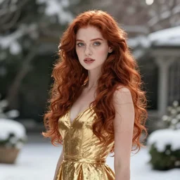 portrait of a woman with long red hair, very beautiful style, girl standing, in a gold dress, photorealism, against a winter garden, vanya comoretti,