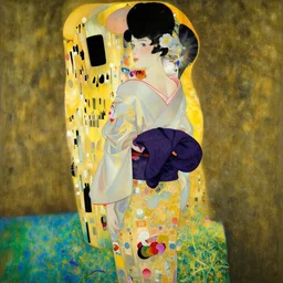 painting of iggy azalea in a kimono, view from behind, fully clothed, by klimt, background by nicolas delort and studio ghibli, surreal, dramatic lighting