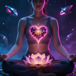 a woman meditating about the 1 2 petals of the heart chakra lotus in a cosmic universe beauty lady close up bokeh hiperrealistic neon glow darkness dramatic neon f - zero ships, sharp focus, octane render, imax