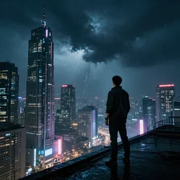 shot of the man standing on the roof during rain, looks at impressive cyberpunk city at night during great storm, nightscape, futuristic architecture, realistic photo, neons, blade runner, akira style, cinematic lighting, cinematic angles