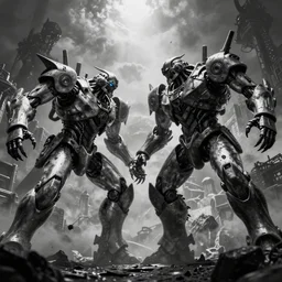 epic fight between two giant robot, beksinski, epic composition, feng zhu, masterpiece, horror, creepy, volume light, black and white high resolution, 8 k, highly detailed, processing, extremely hyperdetailed
