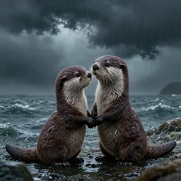 adorable otter falling in love holding hands side by side, all alone in the middle of a scary storm at sea, fantasy illustration, cinematic, award winning, romantic, detailed trending on artstation, masterpiece
