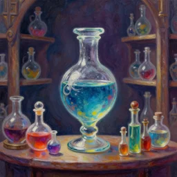 Close-up of a potion's store, pastel painting, extremely detailed, glass, high fantasy, colorful, rgb, dark, beautiful, trending on artstation
