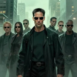 battle hardened, hero, surrounded by multiple!! agent smith!! characters from the matrix, face centered portrait, confident, modern cityscape, outdoors, architecture, fog, rain, volumetric lighting, illustration, perfectly shaded, greenish tinge, cold lights soft painting, art by krenz cushart and wenjun lin
