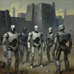 robots guarding a brutalist fortress, rebel disciples in war masks, dystopian, pj crook, edward hopper, oil on canvas