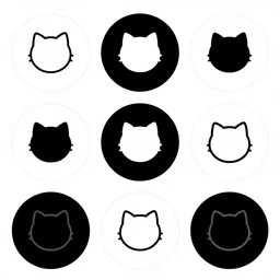 icons round, with an image of a 2d cat, on a white background, in the style of two colors white and black