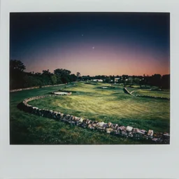 night time double exposure birds eye view of a perfect elysian dreamlike green hilly pastoral psychedelic golf course landscape under stars with stone walls, memory trapped in eternal time, golden hour, dark sky, evening starlight, stone walls, haunted vintage glitch psychedelic cosmic Polaroid by Hiroshi Yoshida