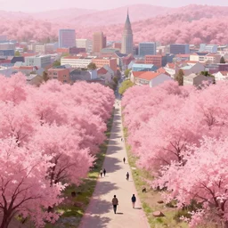 a town surrounded by pink forest, artstation, people, path