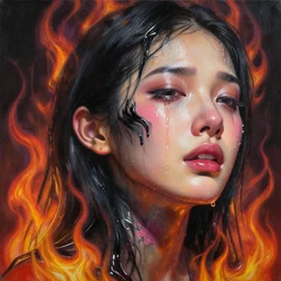 3 d, close - up, liquid black oil, crying fashion model with pink tattoo, sweat skin, flame, poster art, high detail, intricate oil painting, multiple exposure, hyperrealism, 3 d, by tooth wu and wlop and beeple and greg rutkowski