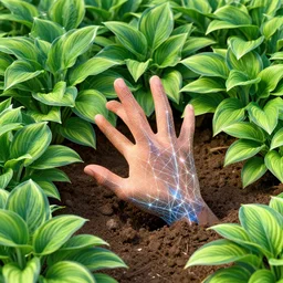 3 d render of a human hand reaching desperately from the earth + abundant flowering hosta plants!!!, 3 d geometric neon kintsugi, rule of thirds, clean linework, dramatic, award winning, 4 k, trending on artstation, photorealistic, volumetric lighting, octane render