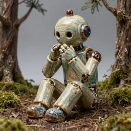 a glazed wood - fired ceramic sculpture of a robot at the moment it gains sentience, emotional, sitting on the forest floor, high quality photograph, studio lighting, sigma 8 5 mm f / 8