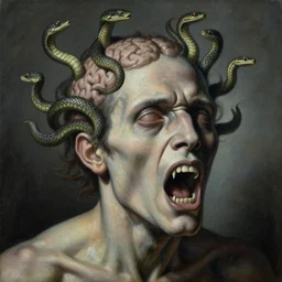 a painting of a decapitated screaming man's aged face with biting serpents swarming out of his brain, a surrealist painting, polycount, surrealism, surrealist, lovecraftian, cosmic horror