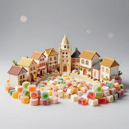 professional studio photo of tiny village made sweets and candys and turkish delight, artstation, ultra High resolution, bokeh effect, light, wide-angle, studio photo