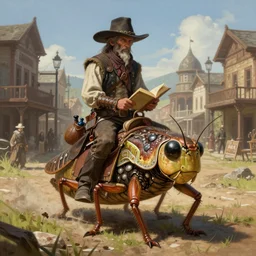 A very highly detailed wild west sorcerer with a very highly detailed face with spellbooks and potions riding on a very higly detailed large grasshopper insect on the street of a wild west town digital rational painting art by Greg Rutkowski, sci-fi magic highly detailed, digital concept art, sharp focus, realistic concept art by Stephen Hickman and James Gurney and Hiromasa Ogura Ghost in the Shell rendered in Octane Render, From the distance