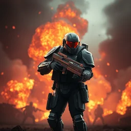 armor plated trooper carrying plasma rifle, standing in front of a raging battle, gta v, stephen bliss, unreal engine, fantasy art, greg rutkowski, loish, rhads, ferdinand knab, makoto shinkai, lois van baarle, ilya kuvshinov, rossdraws, tom bagshaw, global illumination, radiant light, detailed and intricate