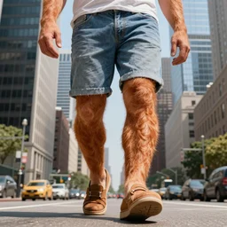 ginger man larger than skyscrapers wearing shorts walks around the city, color photography, lots of sunlight, hairy legs, low angle shot, photography, highly detailed, award winning photography, 4 k, highly detailed, trending on artstation
