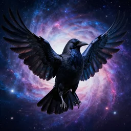 portrait from crow alien, feathers, bird, avian, wings, synthwave, universe background, nebula, galaxy, artstation