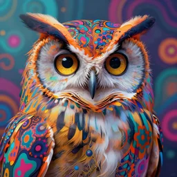 colorful detailed portrait of a psychedelic owl by alex grey and johfra bosschart, trending in behance, 4K, deep depth of field