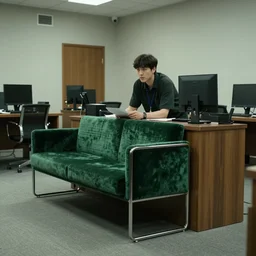 a still of severance series indoor 7 0 s green velvet and wood with metal furniture office scenario appearing in a film of jodorowsky, in movie holy mountain ( 1 9 7 3 )