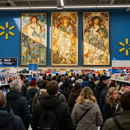 the crowds at the black friday sales at walmart, art by john collier and albert aublet and krenz cushart and artem demura and alphonse mucha