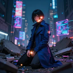 gaussian blur, city reflections, 300mm lense , lense flare, fire particles in front, depth of field, rim lights, glitches, anime, advanced digital art, neon lighting , girl with a dark blue long futuristic trench coat kneeling among the rubble of a ruined city , holograms are visible in the background in the style of Ghost in the Shell. —h 1080 —w 1920
