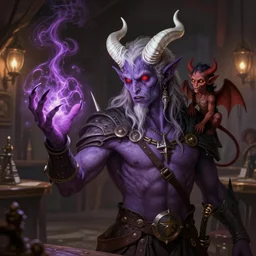 tiefling warlock with white horns on his head, purple skin, red glowing eyes, he is casting a destruction spell, a very little devil sits on his right shoulder, the background is a friendly tavern. dungeons and dragons, highly detailed, digital painting, artstation, concept art, sharp focus, illustration, art by Leonardo da Vinci and Michelangelo and Botticelli