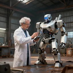 robot mad scientist constructing robot warriors in a huge rusty warehouse, digital art, octane render, 4 k, 8 k, 3 2 k uhd