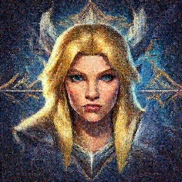 masterpiece head-on symmetrical centered painted portrait, just one head, Imogen Poots as a paladin, blonde hair, RPG character avatar, Blizzard Hearthstone concept art, pixar, dreamworks, stylized fractal background, splash comics, global illumination lighting, trending on artstation, by lois van baarle, ilya kuvshinov, rossdraws