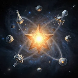 a star inside atom and colony formed around it, art station, conceprt art