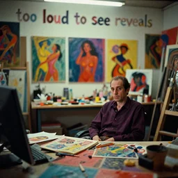 dramatic scene shallow depth of field medium shot uncanny surreal photograph of a colorful intimate art studio in 1 9 9 5 titled'too loud to see reveals ', photographed by william eggleston and ken price and man ray, grainy shocking detail trending on artstation 8 k