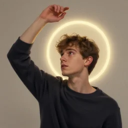 young male, halo, raising his arm, slowly, greg rutkowski