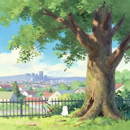 cute, suburbs noon, giant broken ash tree, broken metal fence, polluted city panorama far away, gouache matte painting by pixar studio frazetta makoto shinkai