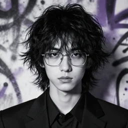 highly detailed closeup portrait of cool black hair shaggy, long hair glasses teen, wavy hair, black suit by atey ghailan, by greg rutkowski, by greg tocchini, by james gilleard, by joe fenton, by kaethe butcher, gradient purple, black and white color scheme, grunge aesthetic!!! ( ( graffiti tag wall background ) )