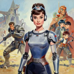a gouache painting in the style of breath of fire iv, by hikari shimoda, by ilya kuvshinov, by yoshitaka amano, by shaun tan, by good smile company, a detailed 3 d render of audrey hepburn as a yorha android, portrait, cgsociety, artstation, a modular costume and headpiece, action adventure scene