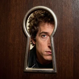 closeup of a keyhole with bob dylan peering in on the other side