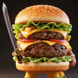 warrior of the burger, man wearing burger suit whilest holding a katana, realistic, hdr, clear image, hdd, dynamic lighting,