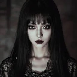 portrait of gorgeous japanese goth girl, beautiful face, strong line, muted colors, filigreed clothing, moody lighting, high contrast, by brom, by john anster fitzgerald, by junji ito