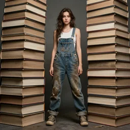full body pose, beautiful adult library fairy, dirty, grungy, grunge, overalls, stacks of giant books, highly detailed, 4 k, hdr, smooth, sharp focus, high resolution, award - winning photo, artgerm, photorealistic