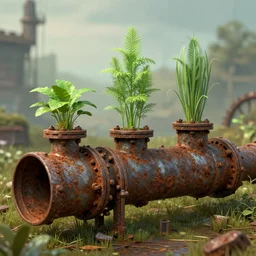 plants growing out of old rusty pipes, steampunk