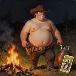 an ethereal dramatic painting of a shirtless handsome chubby beefy mischievous cowboy | background is a dark night with a serene campfire | tin cans and jugs of whisky | tarot card, art deco, art nouveau | by Mark Maggiori | trending on artstation