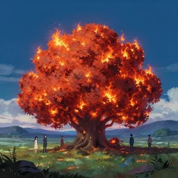 “A landscape with a giant burning bush, Low level, rendered by Beeple, Makoto Shinkai, syd meade, simon stålenhag, environment concept, synthwave style, digital art, unreal engine, WLOP, trending on ArtStation, 4K UHD, image, octane render”