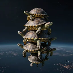 a tower of turtles on top of each other, floating in space