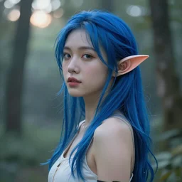 a beautiful young asian elf woman with blue hair and elf ears in a hazy forest at dusk, digital art by Gil Elvgren