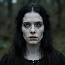 beautiful woman, very pale skin, dark hair, green eyes, folk horror, in ireland, realistic