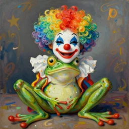 The Clown Frog King welcomes you Clown World, painting by Henri de Toulouse-Lautrec, clown frog king in clown makeup and rainbow wig, chaotic
