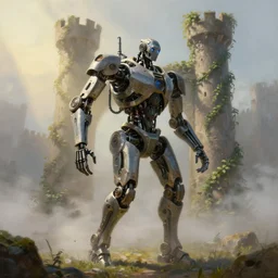 a walking mechanical castle with legs, vines, pilar, hyperrealistic, highly detailed, cinematic, single ray of sun, fog, beautiful, cgssociety, artstation, 8 k, oil painting